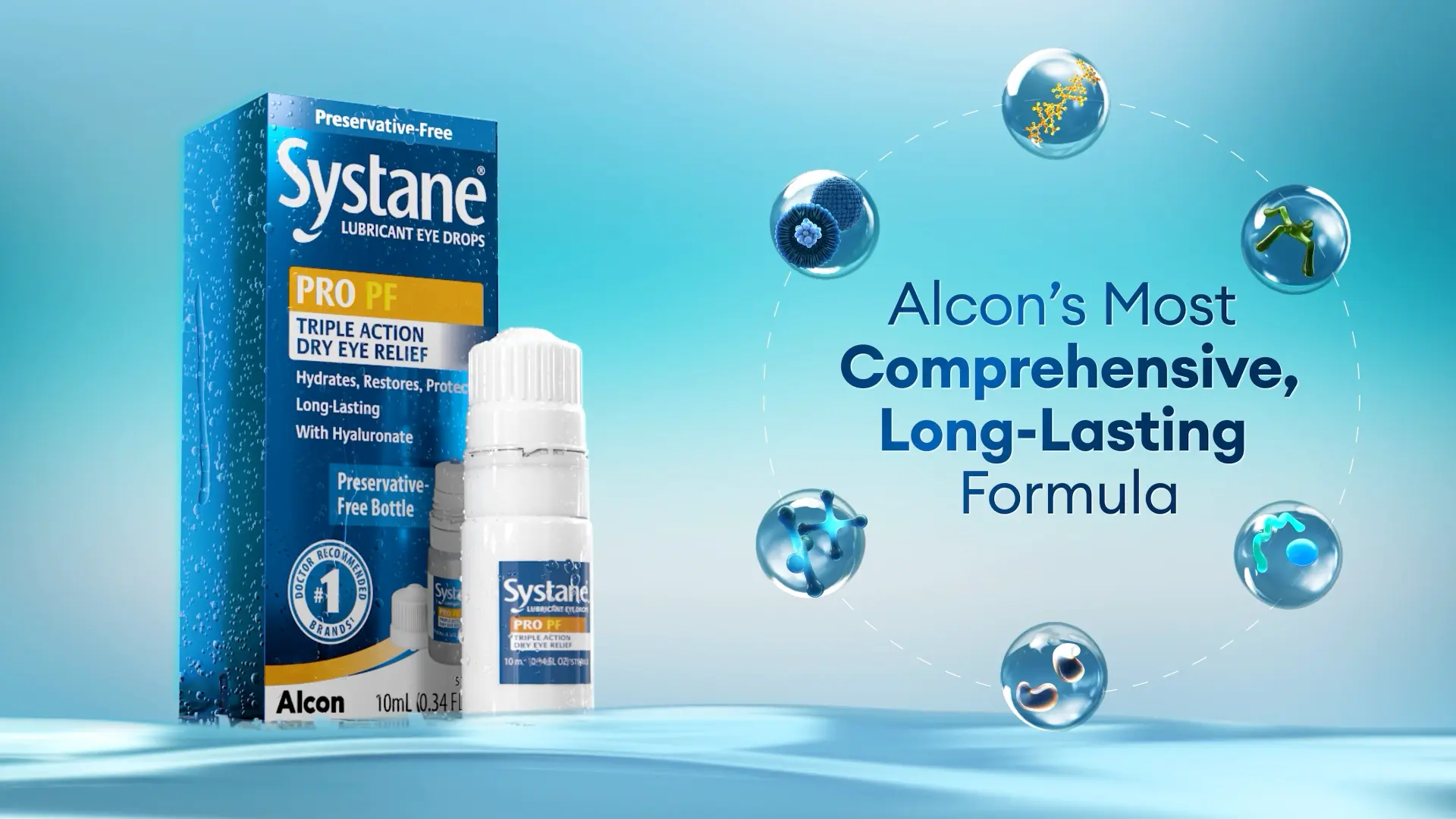 [CONFIRM] Systane Pro PF product packaging with molecule bubbles on a clean aqua background.