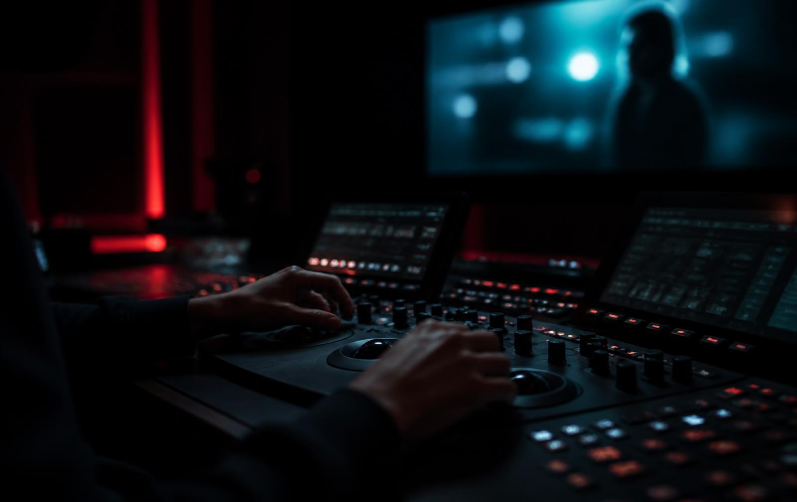 A colourist grading footage at a control panel in a darkened suite