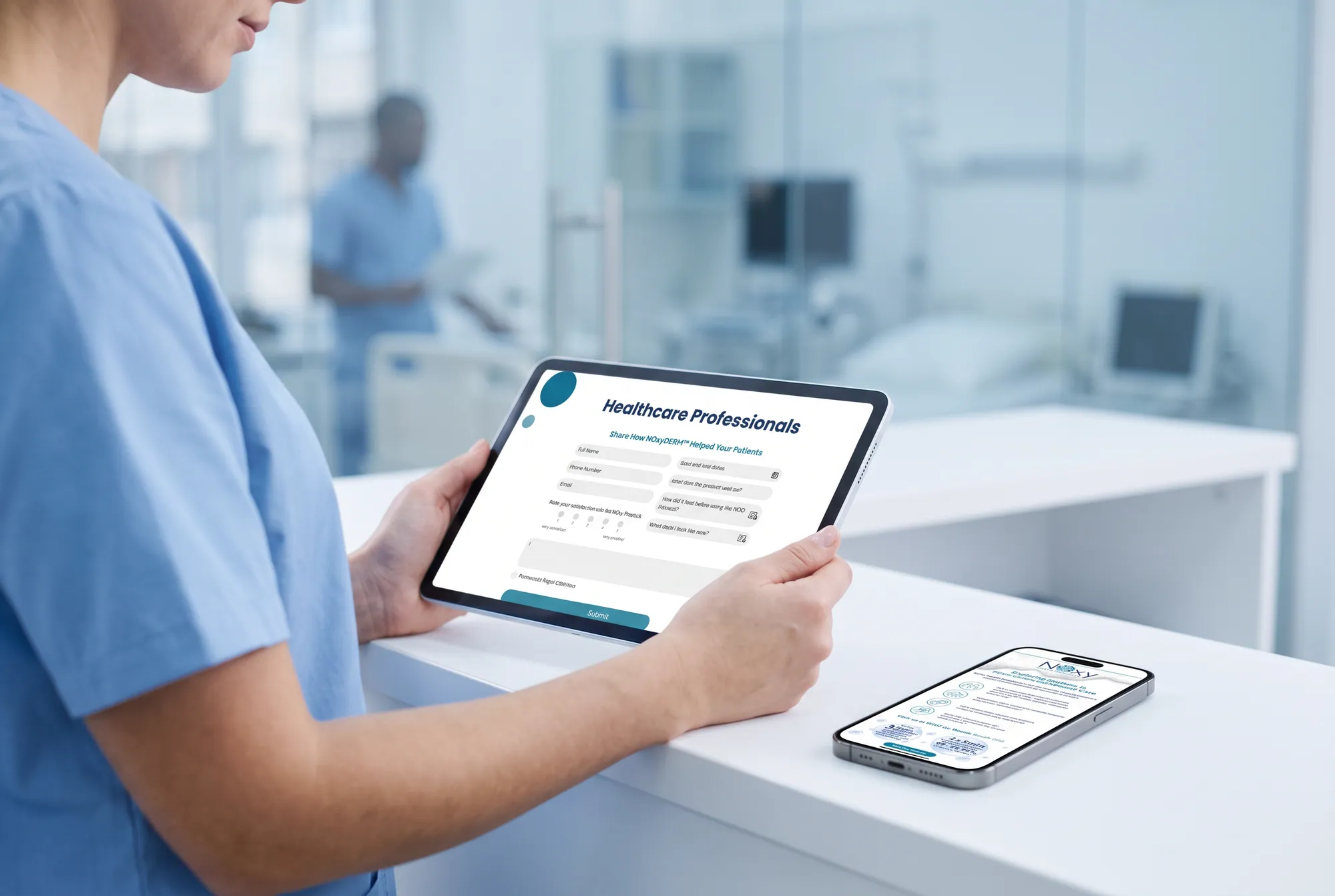 A clinician holding a tablet showing the NOxyDERM healthcare professionals page.
