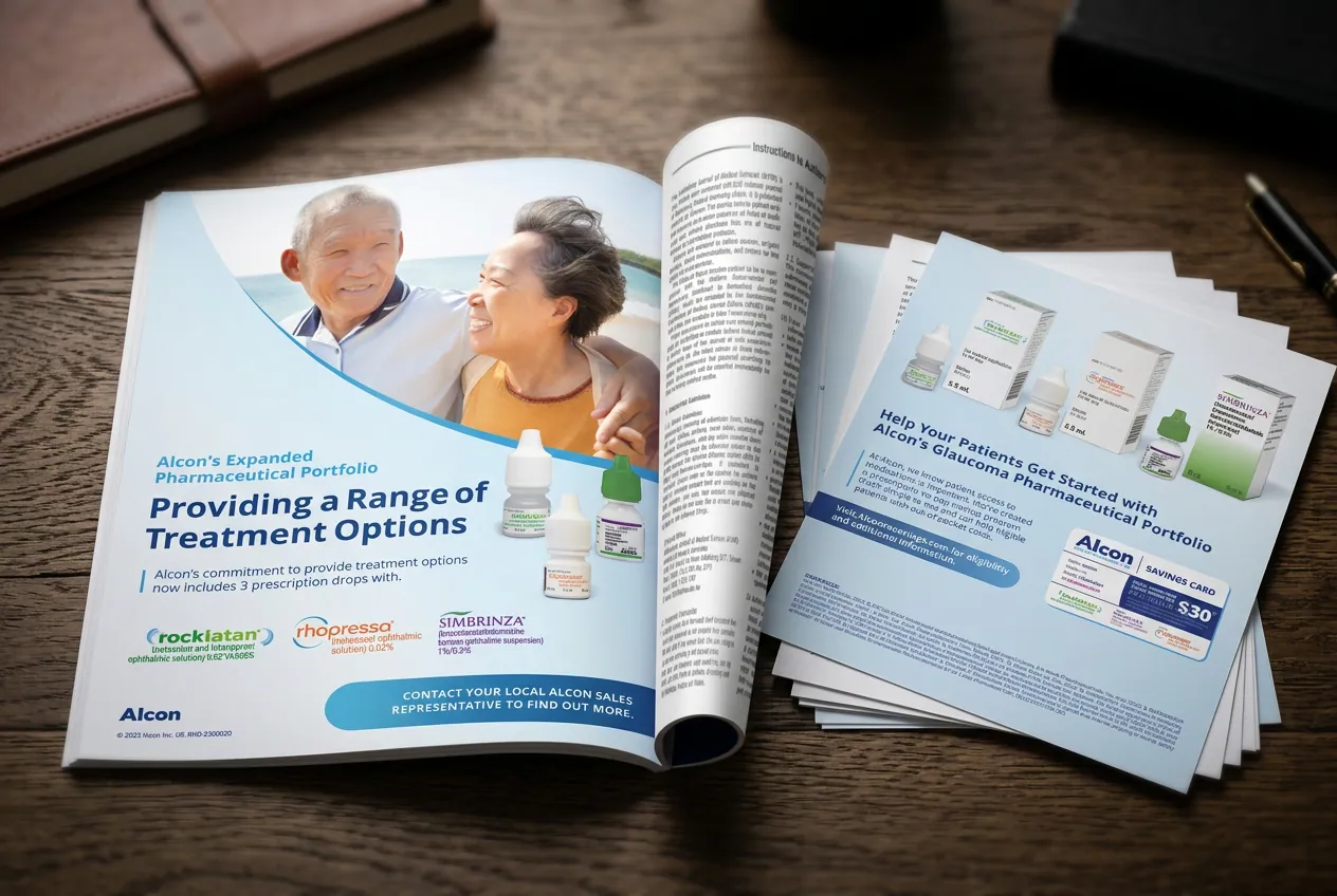 The glaucoma rep playbook open on a desk with printed leave-behinds fanned beside it.